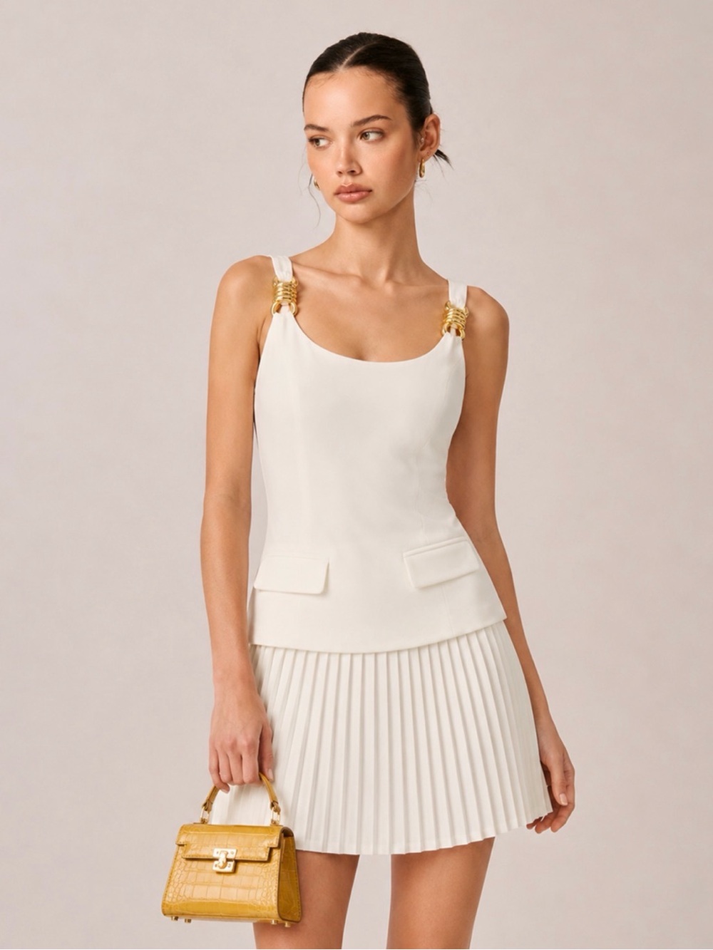 Commense Off-White Metal Detail Pleated Mini Dress
